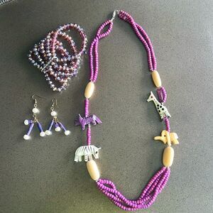 Jewelry Set Wood Carved Safari Necklace Rhinestone Bracelet Stone pearls earring